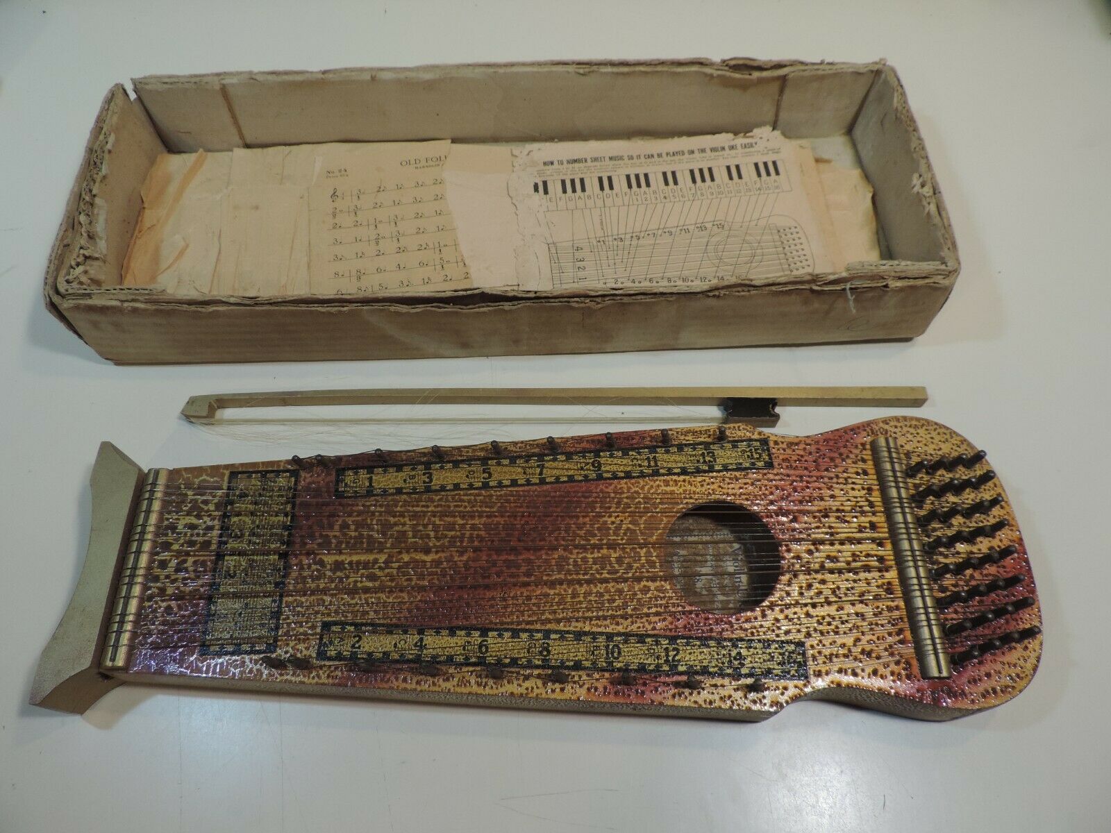 Vintage Violin Uke Marxochime Colony With Bow, Sheet Music & Original Box