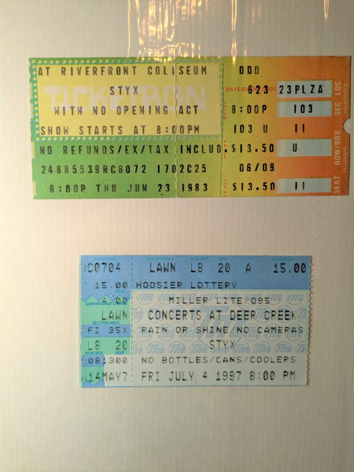 Styx - 2 Ticket Stubs - Cincinnati 1983; Indianapolis, 1997