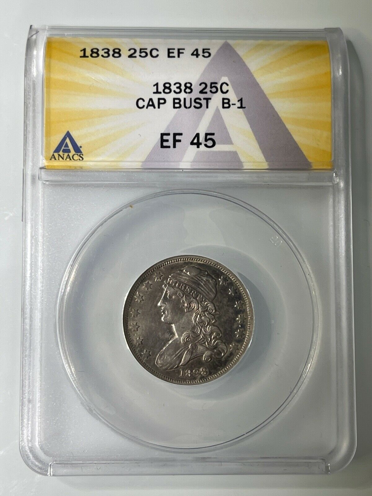 1838 Capped Bust B-1 Silver Quarter 25c Coin Anacs Ef-45