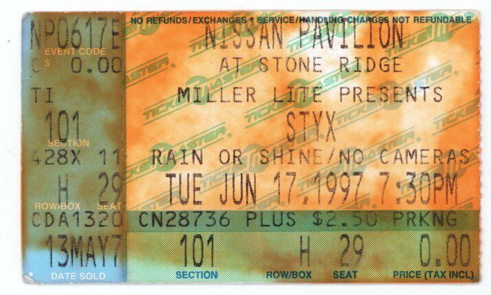 Rare Styx 6/17/97 Bristow Va Nissan Pavillion @ Stone Ridge Ticket Stub!