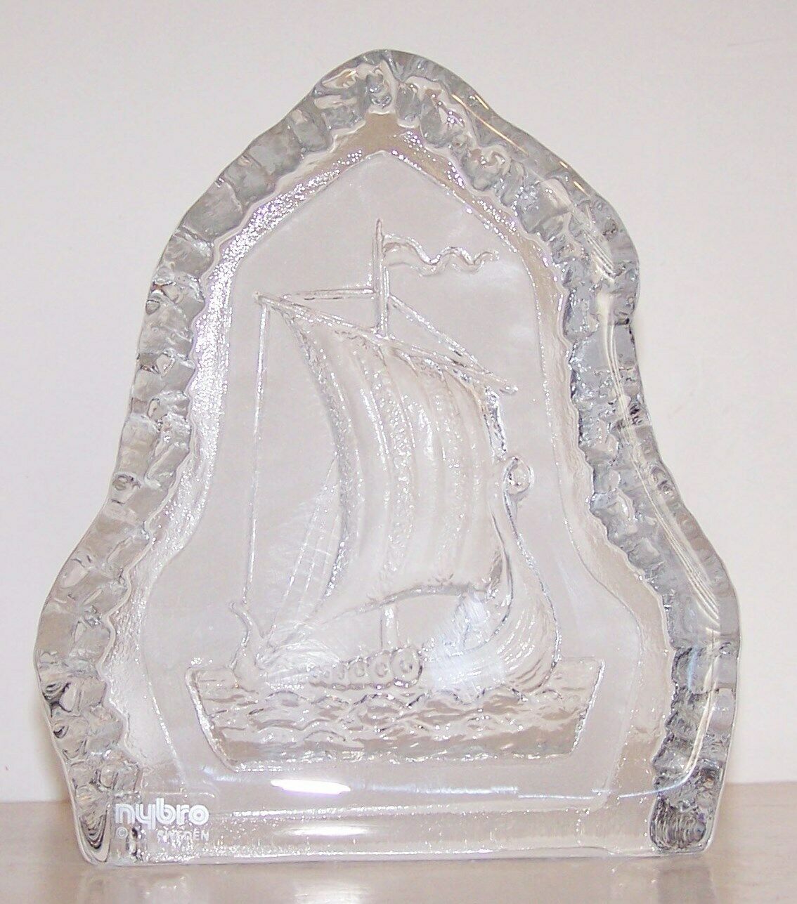 Nybro Sweden Crystal Viking Ship Art Glass 6" Sculpture/paperweight With Label